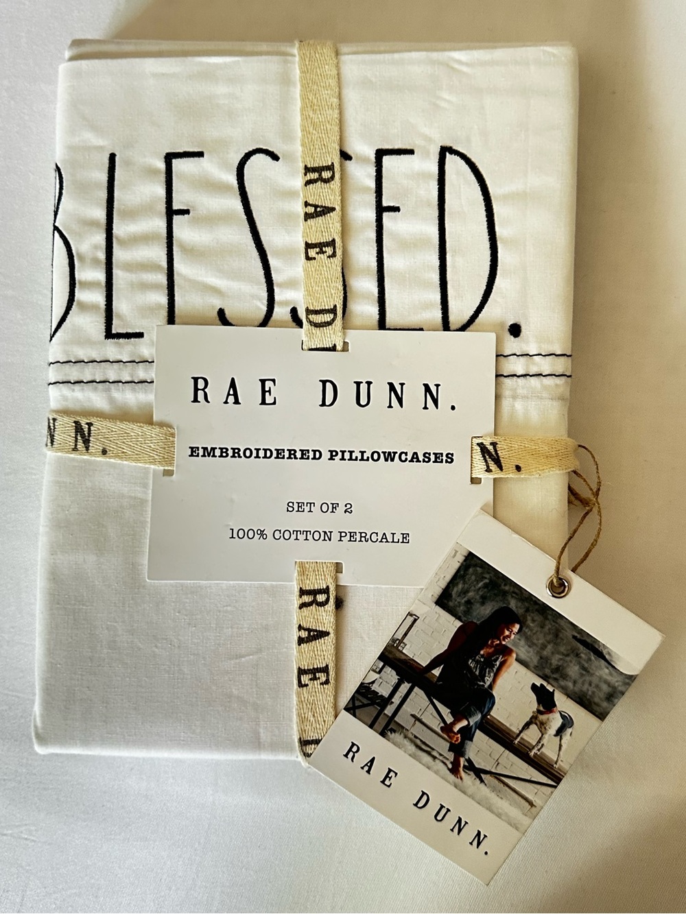 Rae Dunn Embroidered "BLESSED" Cotton Percale Pillowcases set- STANDARD NWT